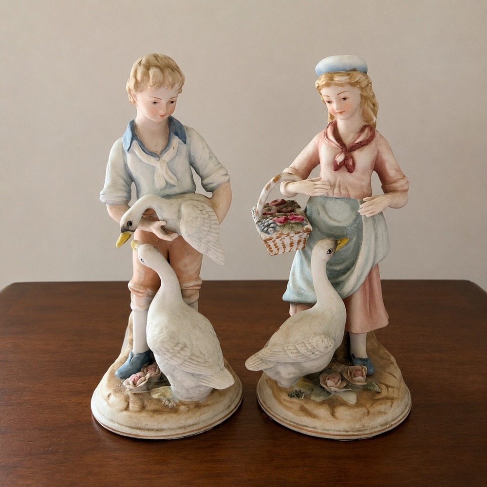 Vintage Andrea by Sadek Porcelain Boy‎ and Girl with Geese Figurines 6425 Japan